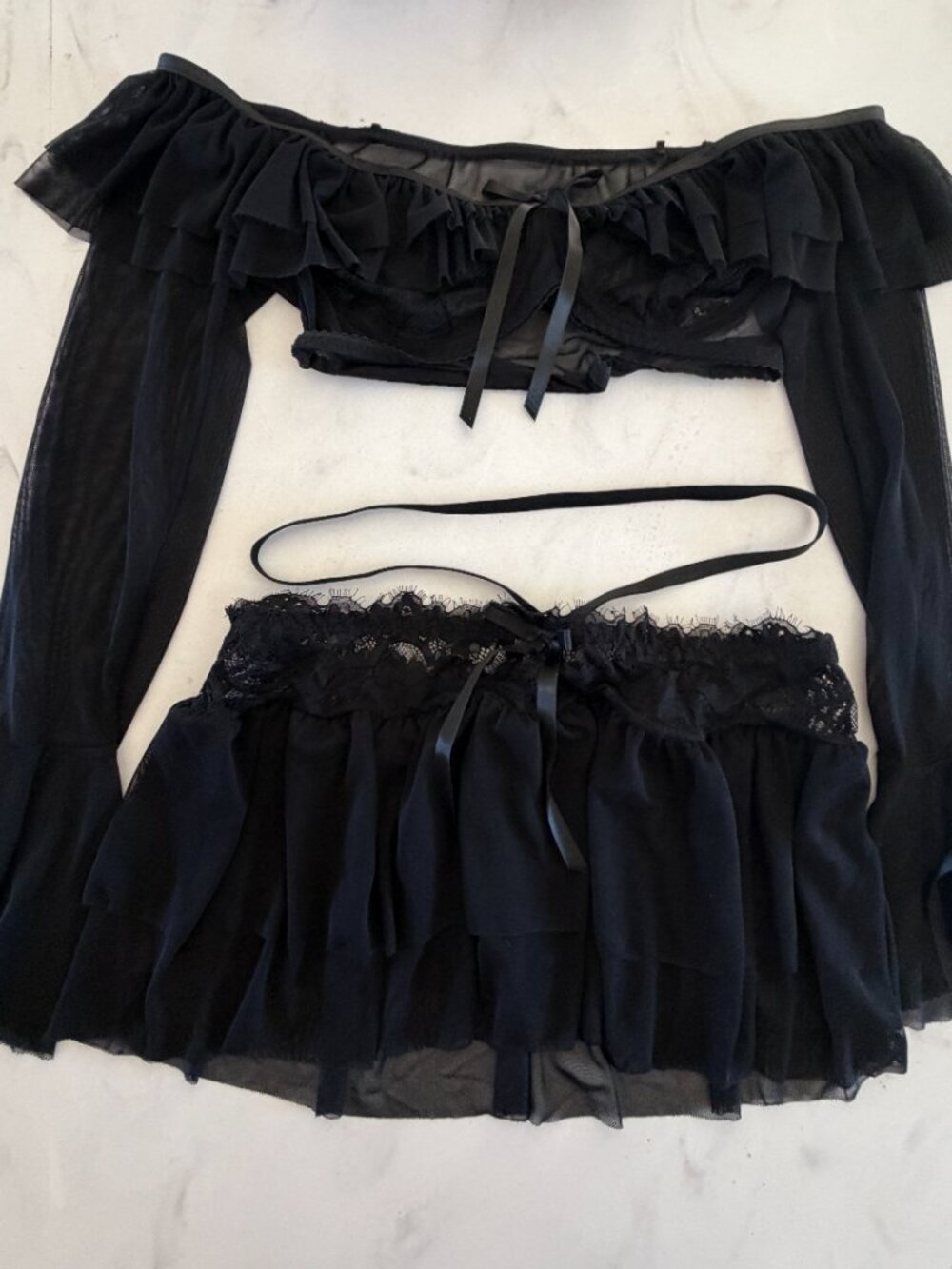 Sexy Black Lace Mesh Babydoll Lingerie Set Ruffle Trim Sheer See Through Nightwe - Picture 3 of 15
